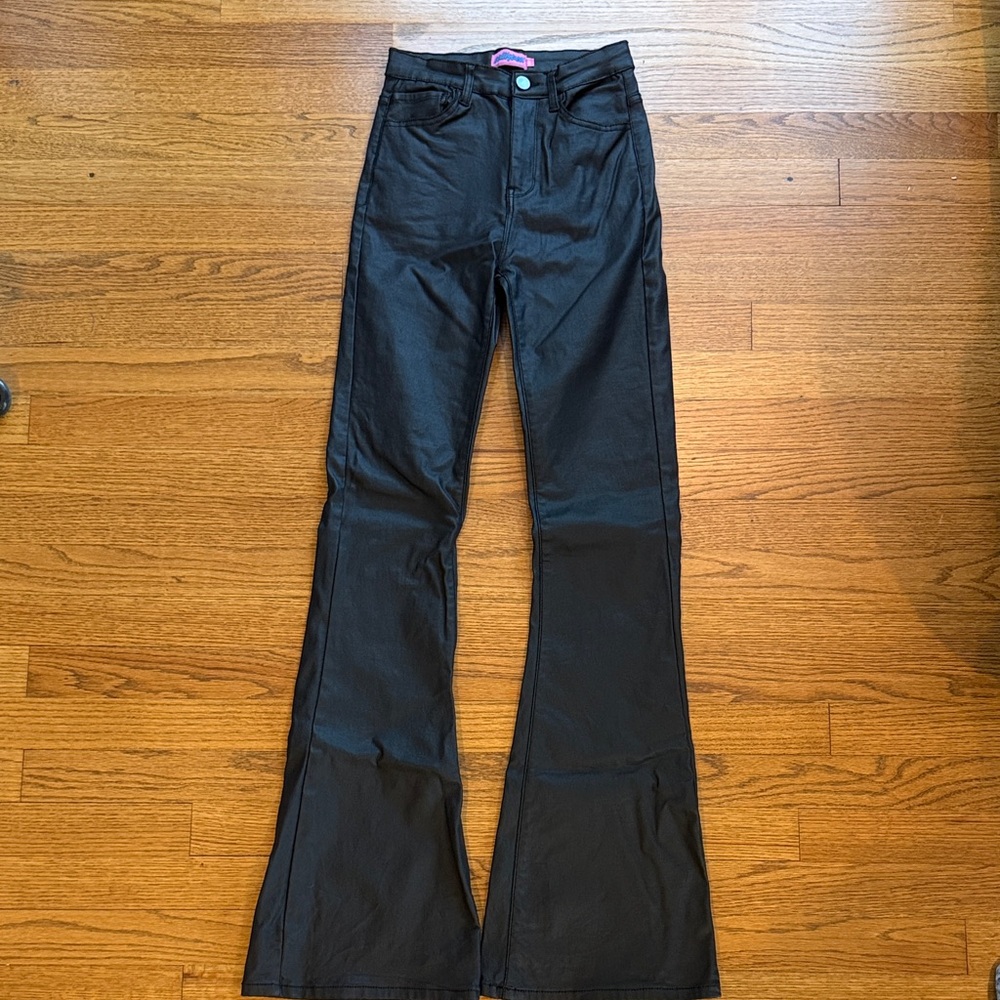 Edikted Luna Faux Leather Flare Leg Pants Black